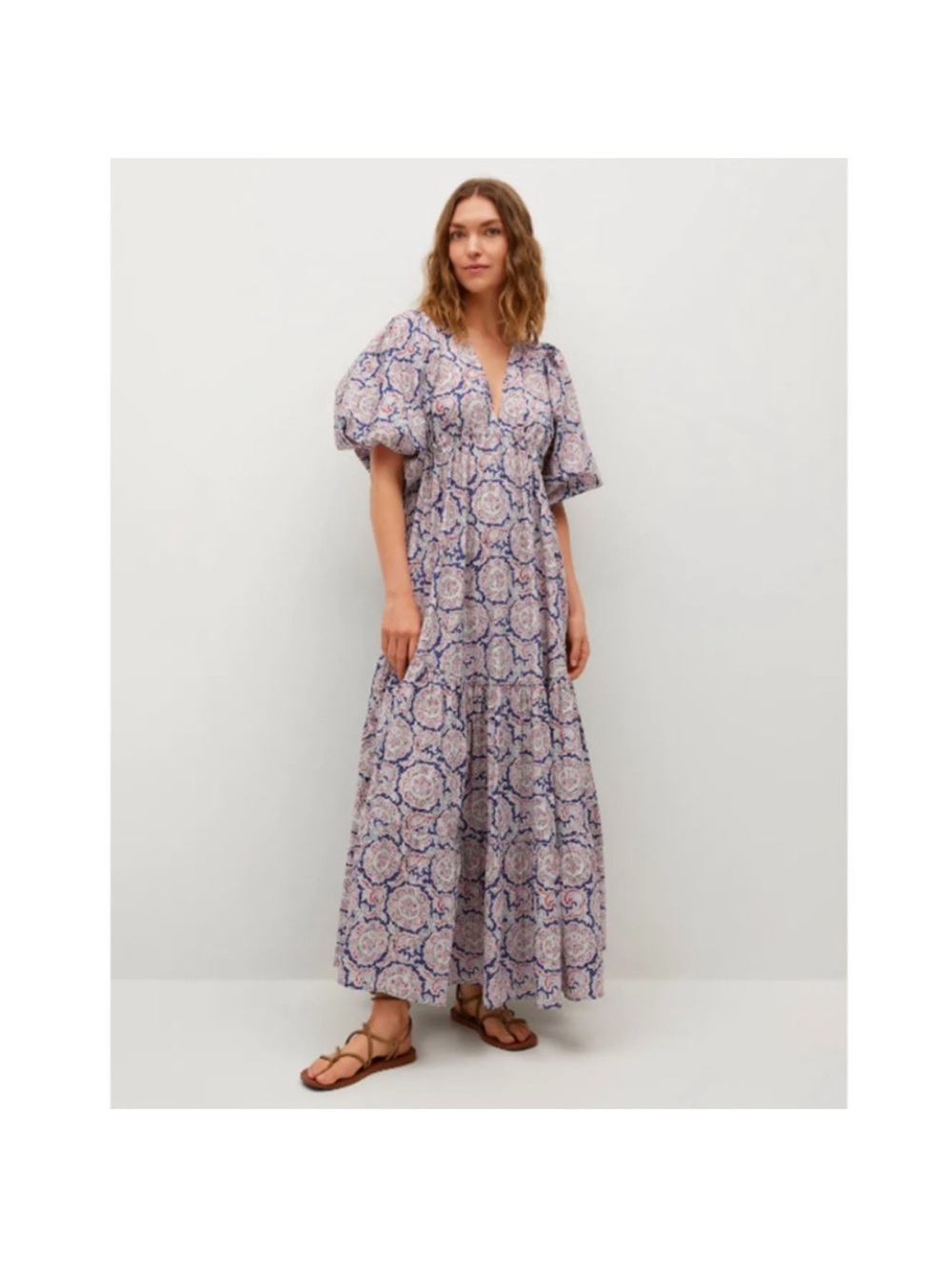 Chufy x Mango Printed Maxi Dress with Puff Sleeves - Blue/Red